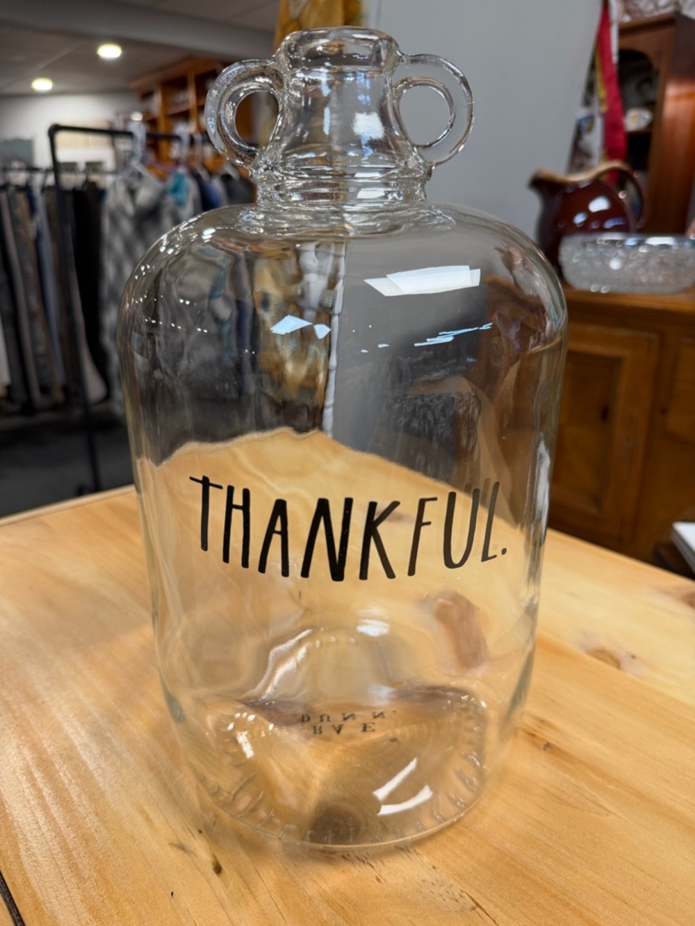 Rae Dunn Clear Glass Jug with Black THANKFUL Lettering